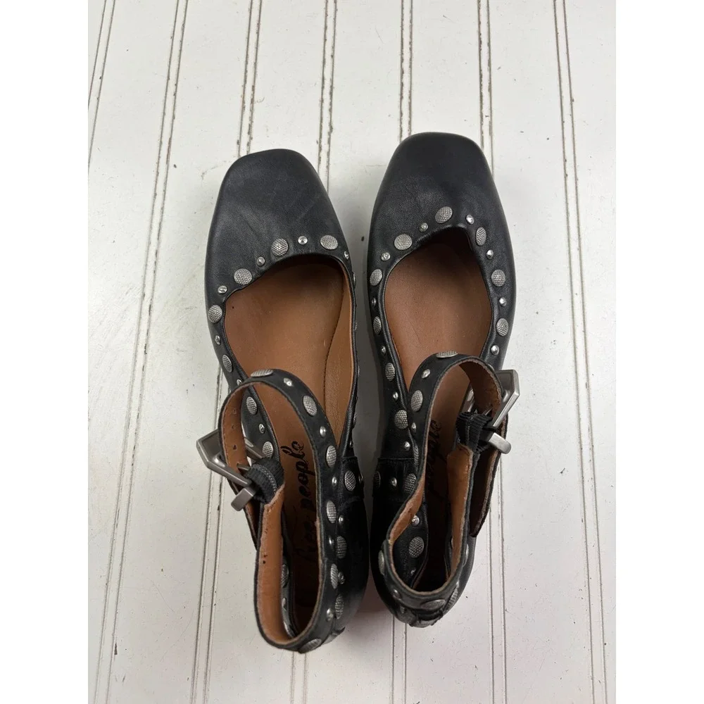 Free People Black Studded Mystic Mary Jane Leather Flats Women's Size US 6.5